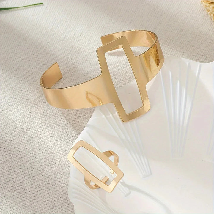 Conjunto de Pulseira e Anel Retangular Geométrico Ajustável