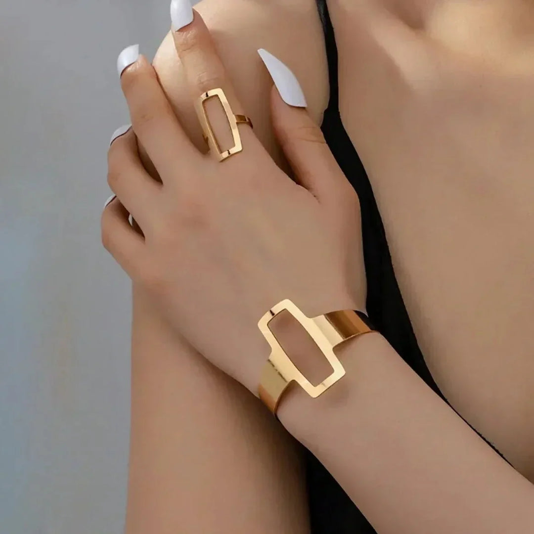 Conjunto de Pulseira e Anel Retangular Geométrico Ajustável