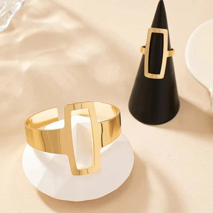 Conjunto de Pulseira e Anel Retangular Geométrico Ajustável