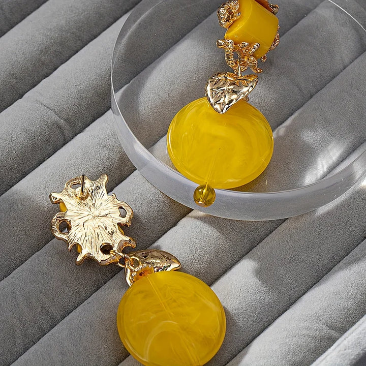 Golden Leaf With Geometric Resin Inlaid Dangle Earrings