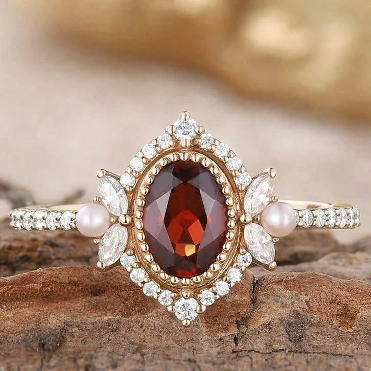 Anel de noivado vintage oval com granada e pérola