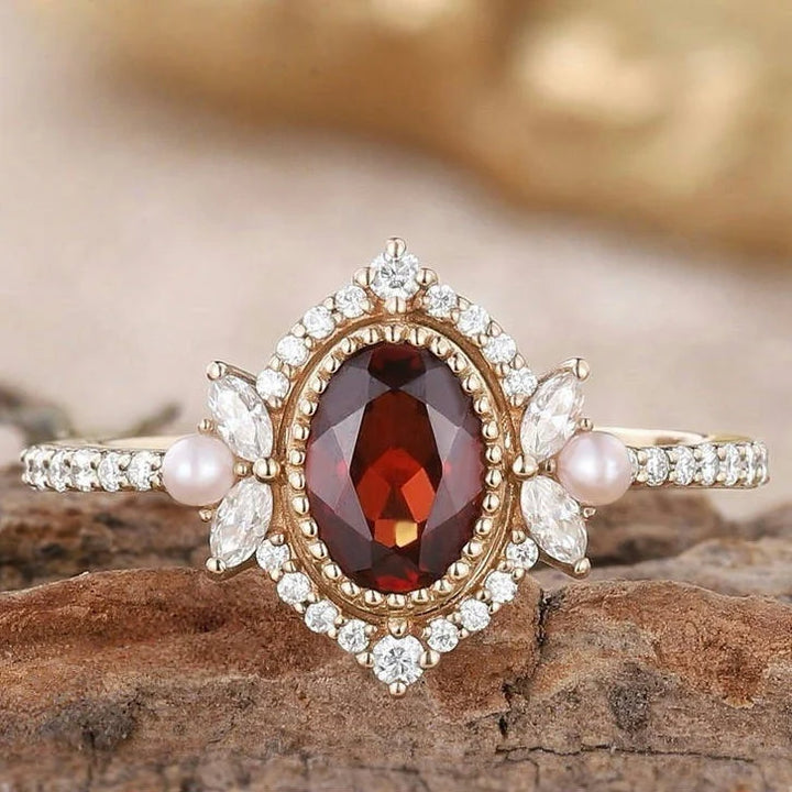Anel de noivado vintage oval com granada e pérola