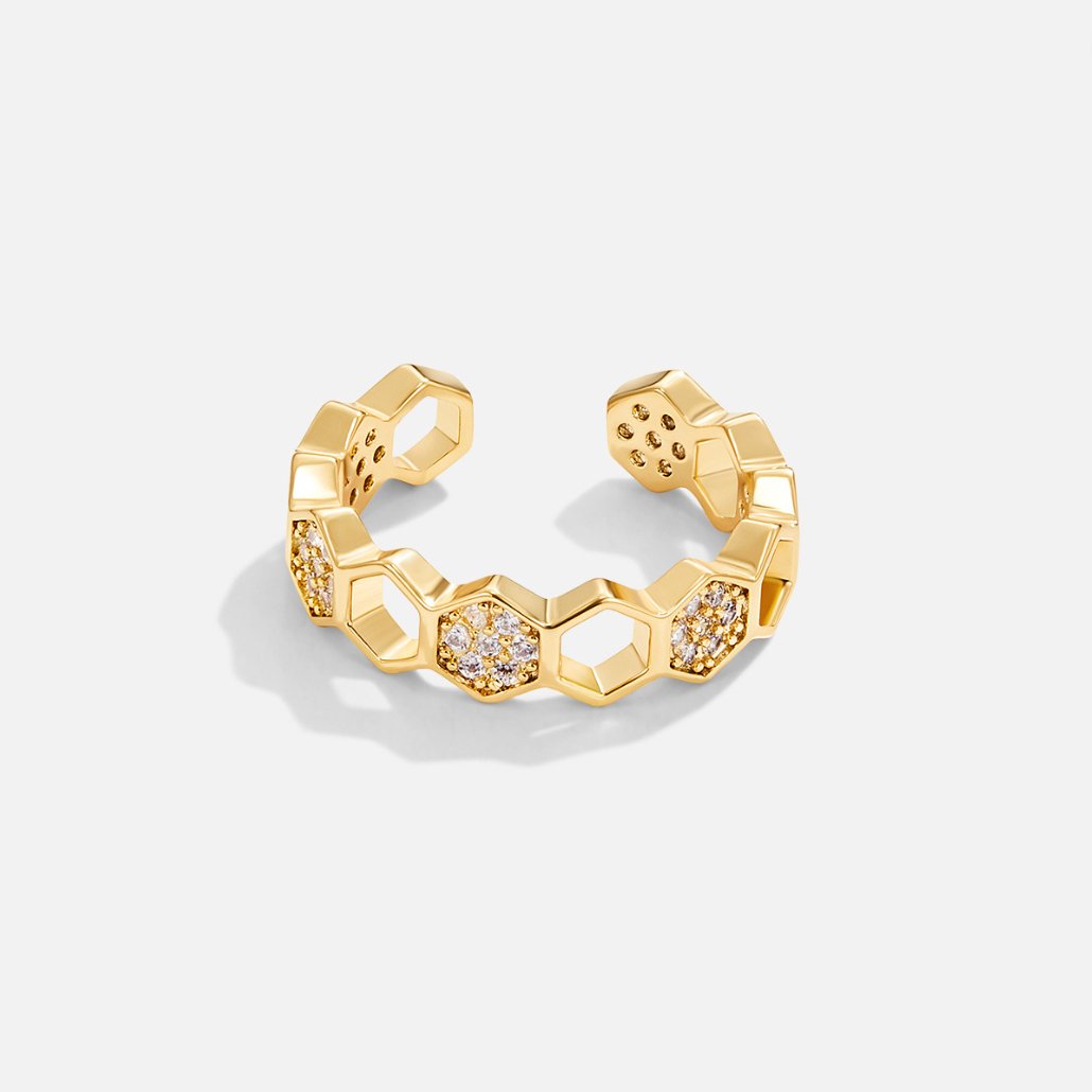 Anel de Ouro com Design de Favo de Mel e Cristais
