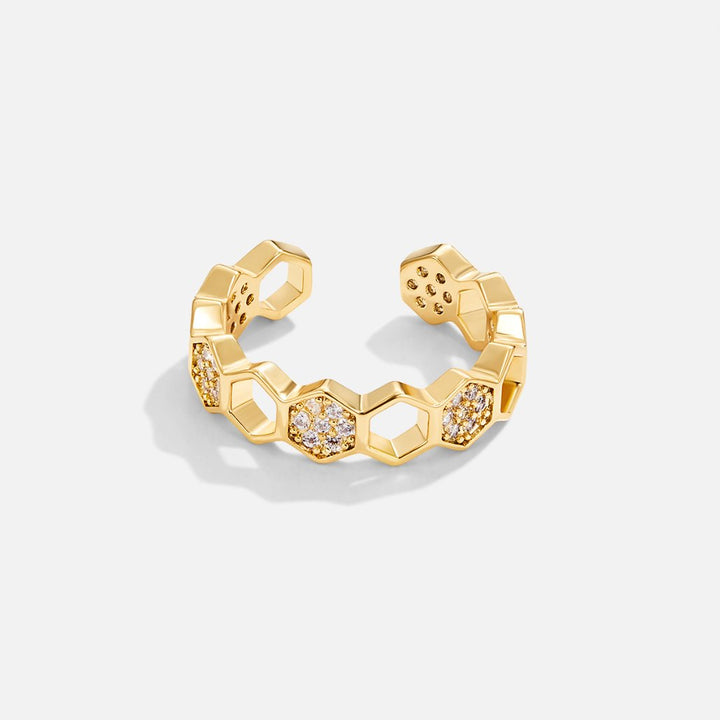 Anel de Ouro com Design de Favo de Mel e Cristais