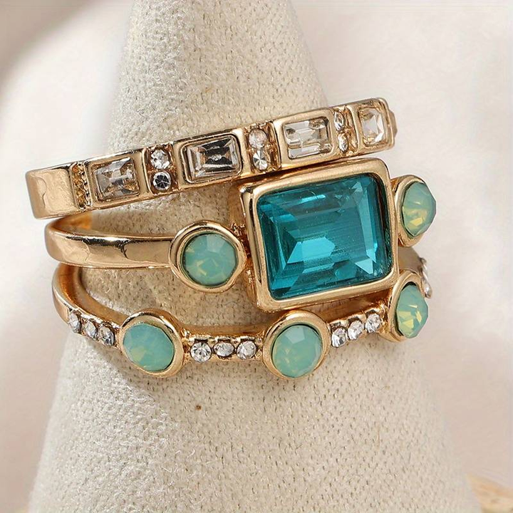 Conjunto de Anéis de Cristal Azul Vintage