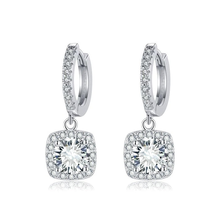 Brincos de Moissanite em Forma de Gotinha com Halo Quadrado | Ouro Branco 16k