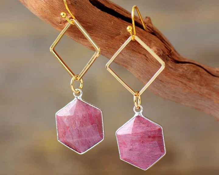 Brincos em Forma de Losango com Rodonita Rosa Natural