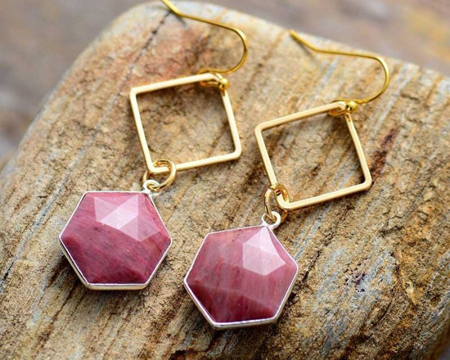 Brincos em Forma de Losango com Rodonita Rosa Natural