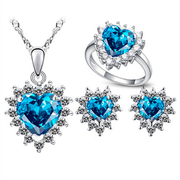 Conjunto Prateado Saphira Vale com Cristais em Forma de Coração Azul