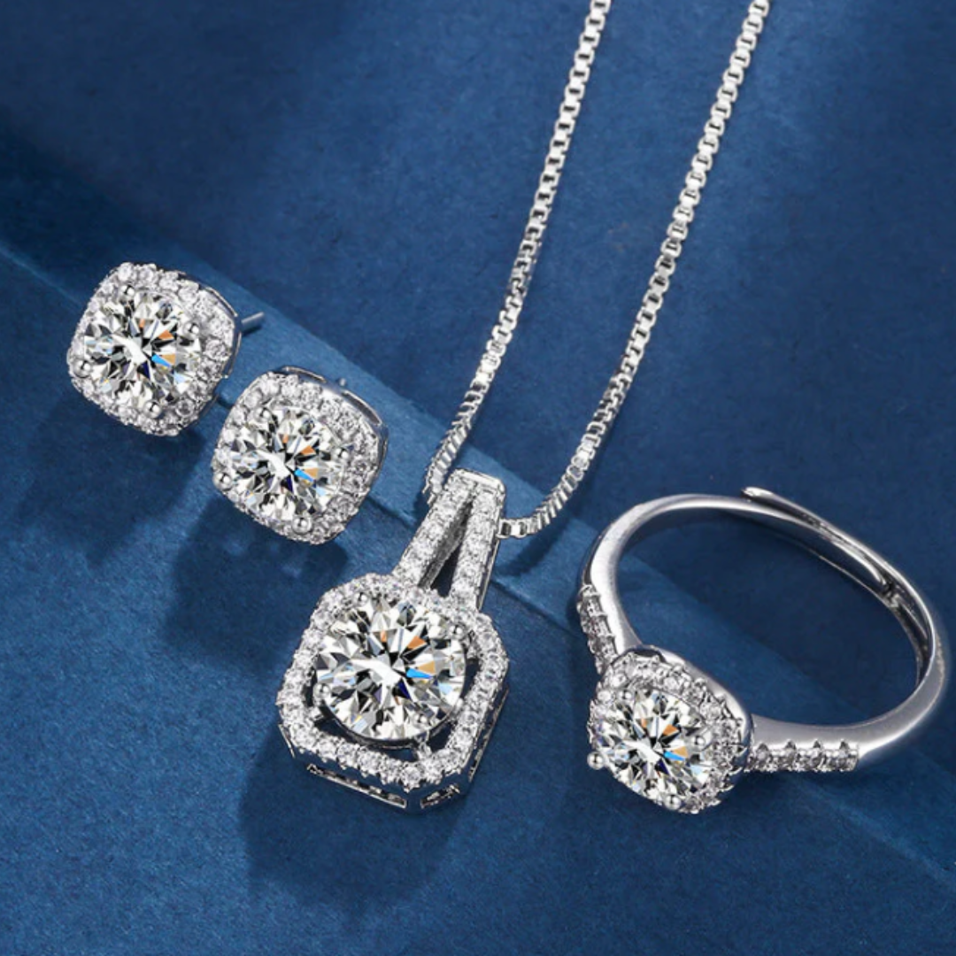 Conjunto Prateado Aria Quadrat com Cristais Radiantes