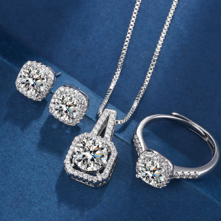 Conjunto Prateado Aria Quadrat com Cristais Radiantes