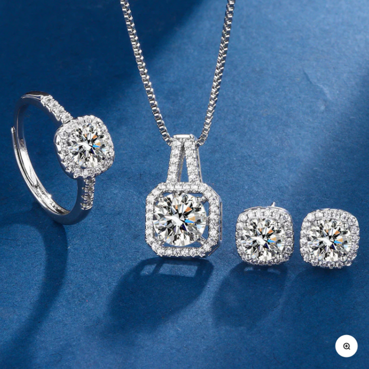 Conjunto Prateado Aria Quadrat com Cristais Radiantes
