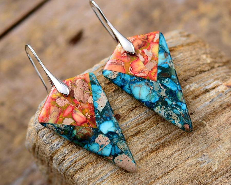 Brincos Coloridos de Jaspe Azul e Laranja